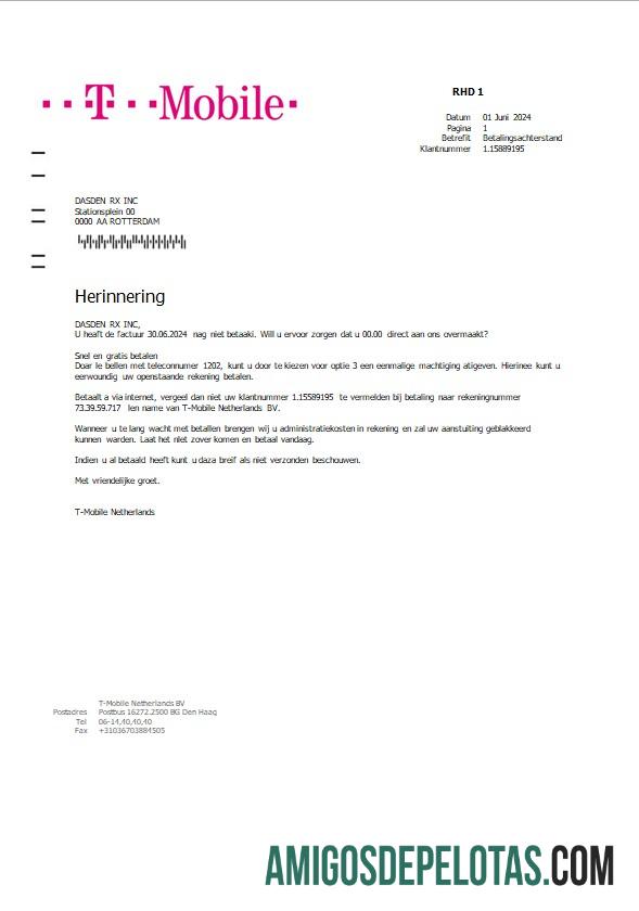 imprimível Modelo de fatura de serviços públicos móveis da Holanda T em formatos Word e PDF